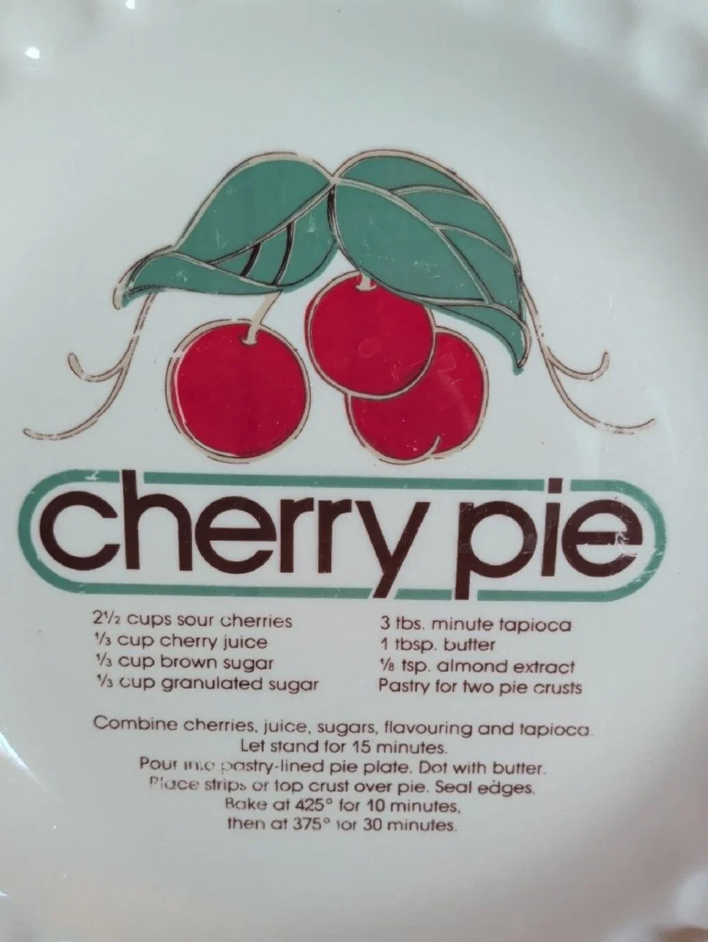VTG. Cherry Pie  Plate. Recipe Plate, Scalloped Rim. 10